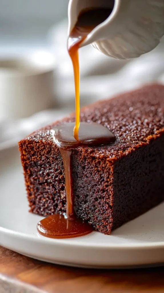 glaze being poured over loaf of gingerbread cake
