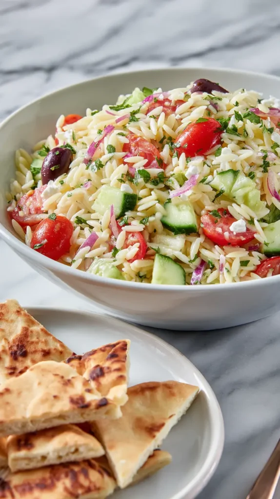 Mediterranean orzo pasta salad with pita bread on the side