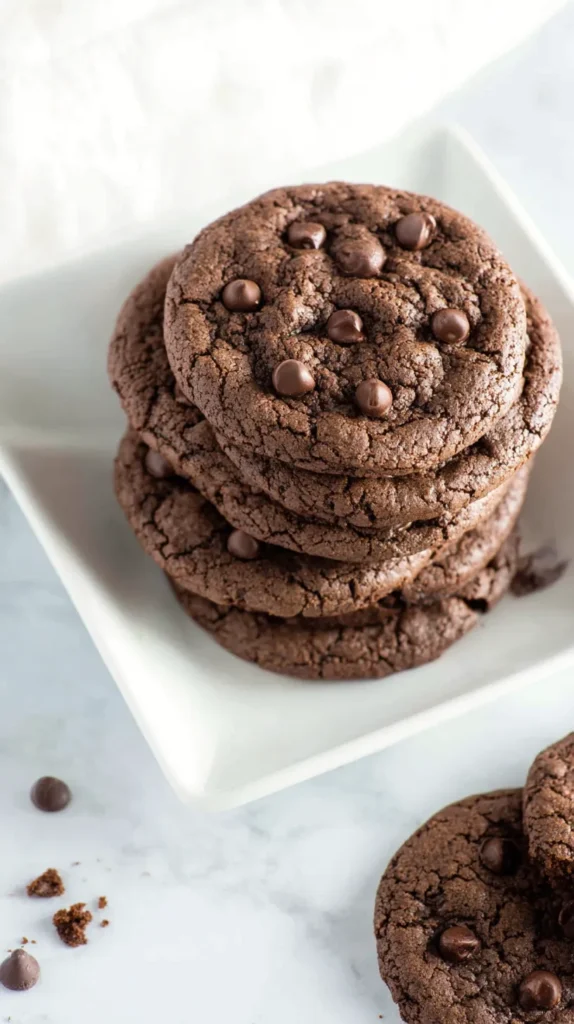 chocolate chocolate chip cookies, stacked