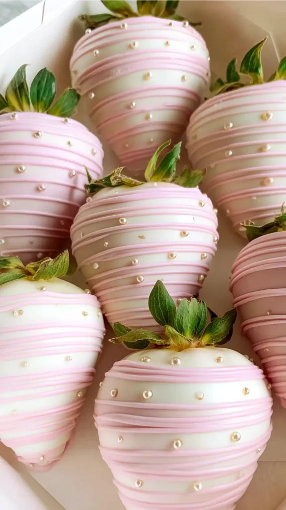 chocolate covered strawberries in light pink and white