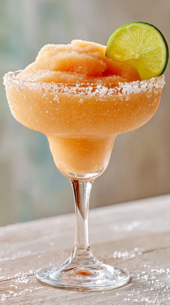 peach margarita with lime garnish