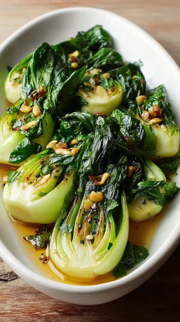 braised bok choy on a white serving bowl