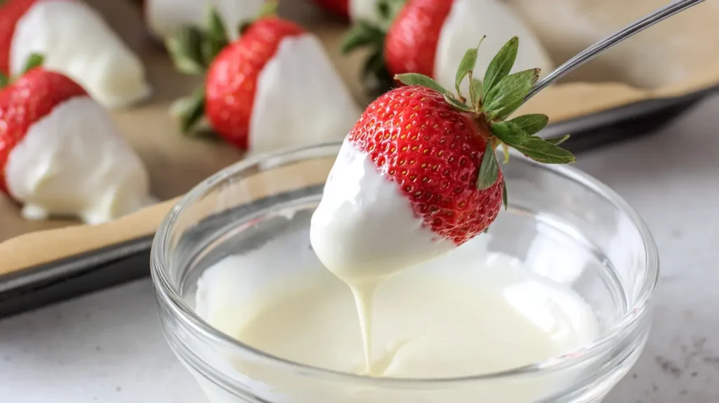 white dipping chocolate with a red strawberry being dipped