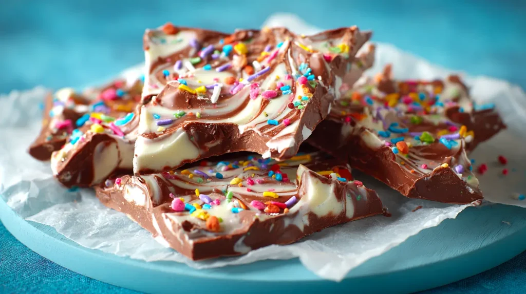 birthday chocolate bark, rainbow sprinkles