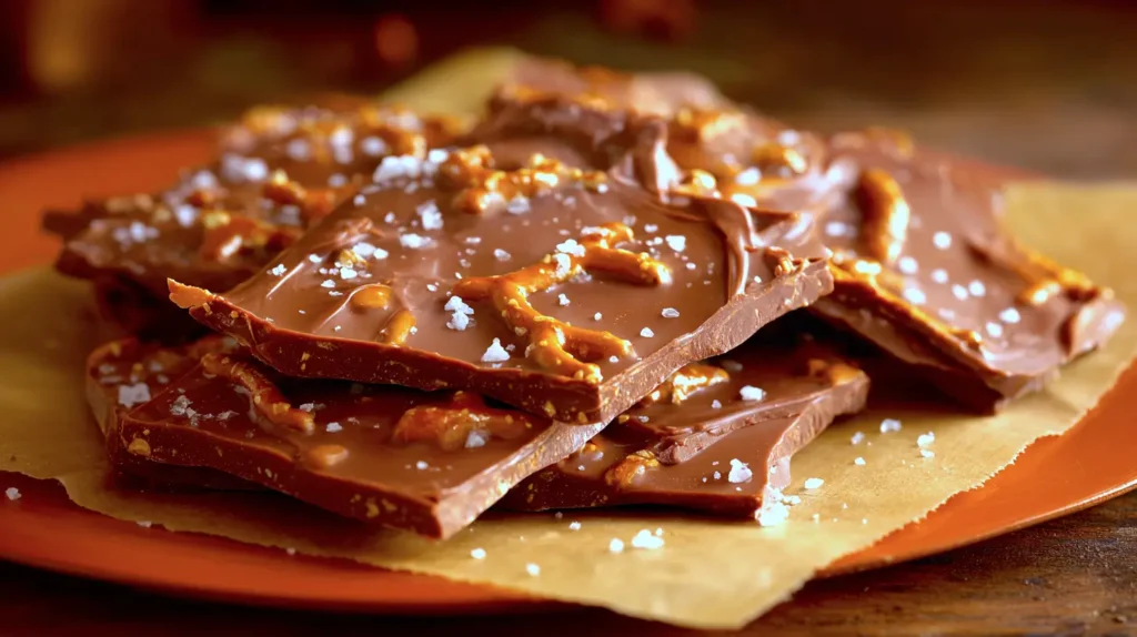 fall chocolate bark with caramel and pretzel pieces