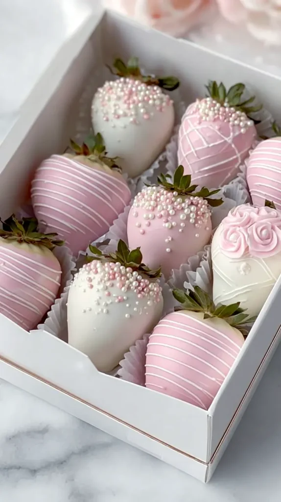 chocolate covered strawberries in light pink and white with sprinkles