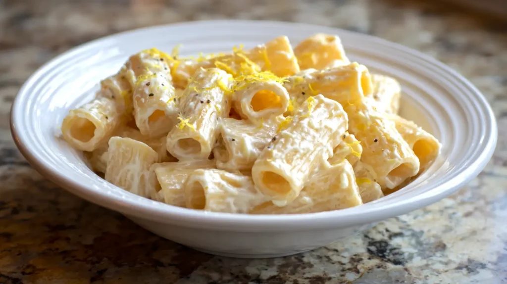 lemon ricotta pasta in a white bowl