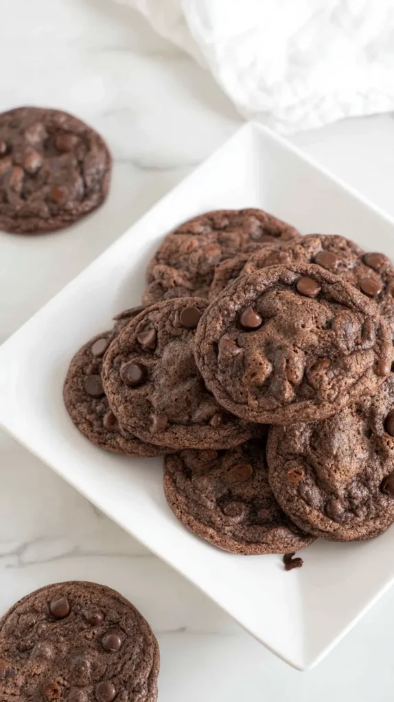 chocolate chocolate chip cookies, plated