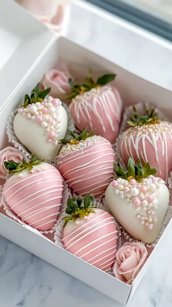 chocolate covered strawberries in light pink and white, in a white food box
