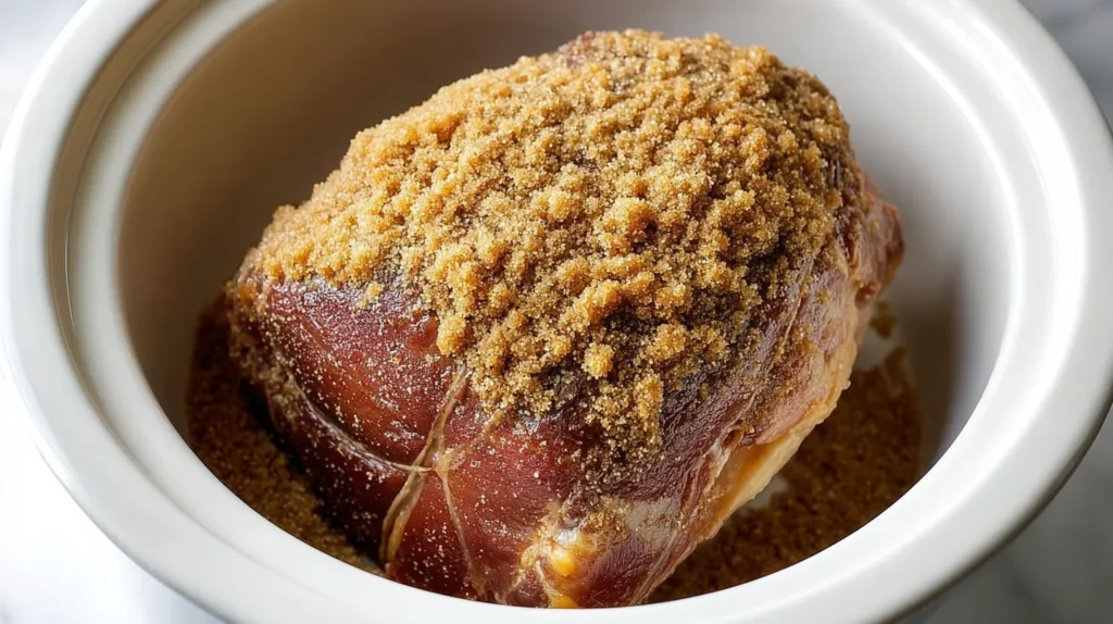 brown sugar on the ham in a slow cooker