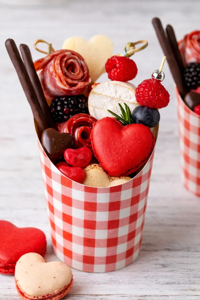 individual charcuterie cups ,red theme, desserts