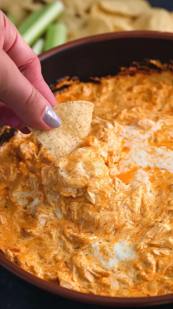 crockpot buffalo chicken dip, with tortilla chip