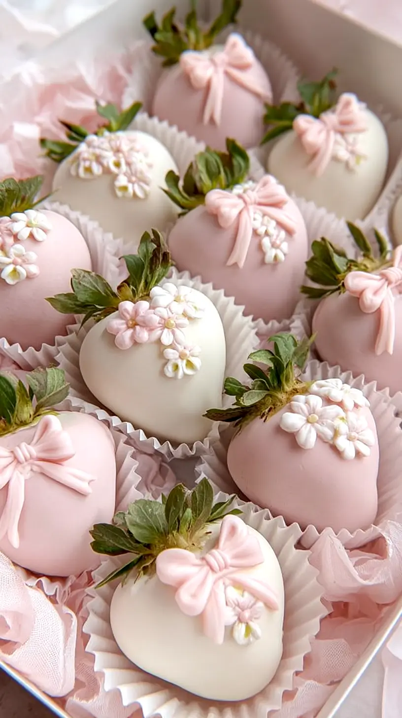 chocolate covered strawberries in light pink and white, in a box neatly