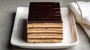 opera cake on a white platter