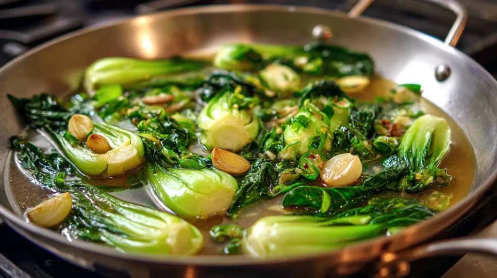skillet with braised bok choy
