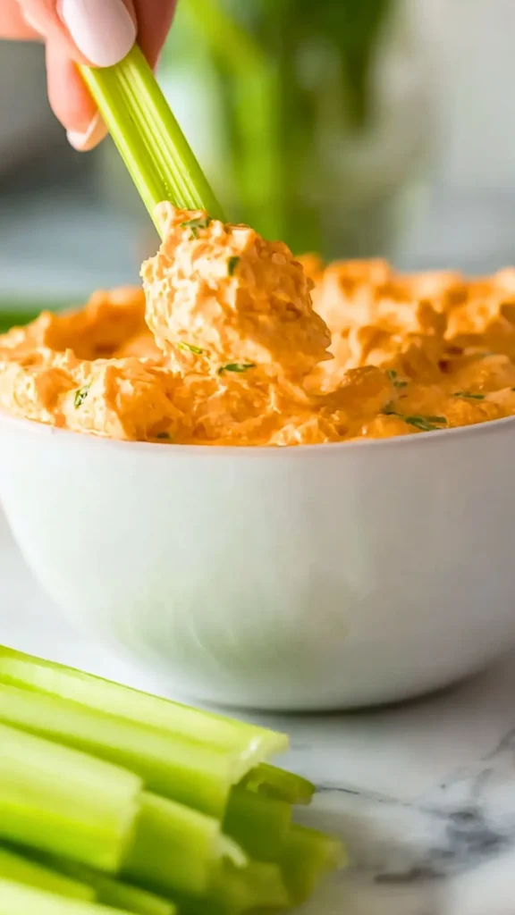 crockpot buffalo chicken dip with celery stalk