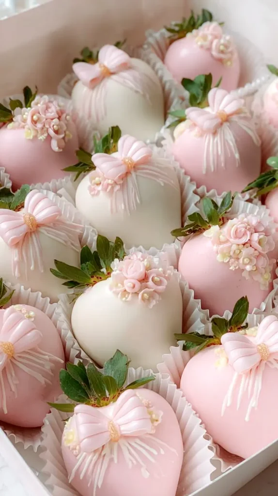 chocolate covered strawberries in light pink and white
