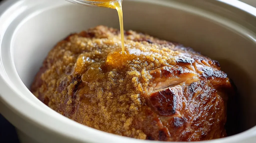 glaze being added to the ham in the slow cooker
