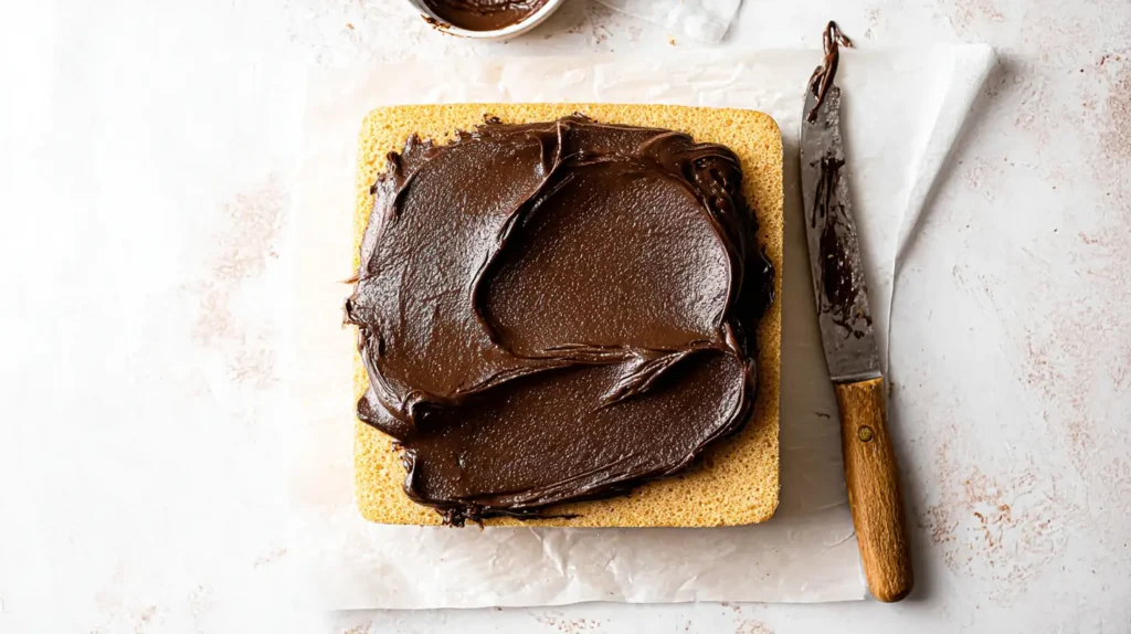 spreading chocolate ganache on sponge