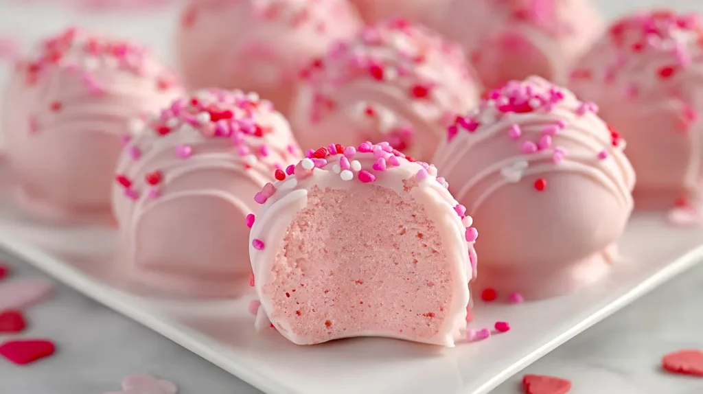 pink Oreo Truffles for Valentine's day, bite taken to reveal inside