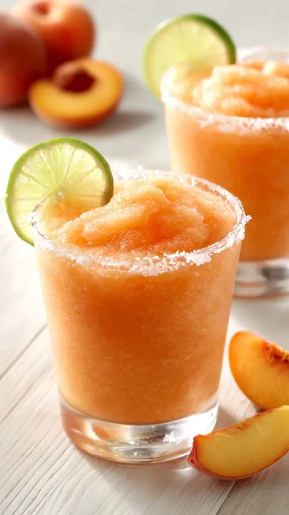 peach margarita, two glasses with salt rims