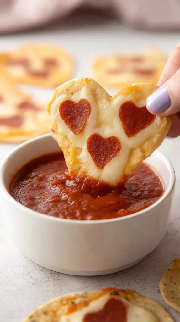 dipping a tortilla pizza, heart-shaped, heart pepperoni, into marinara