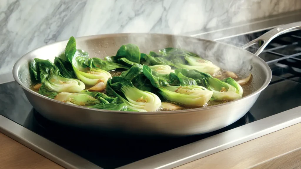 braised bok choy in skillet