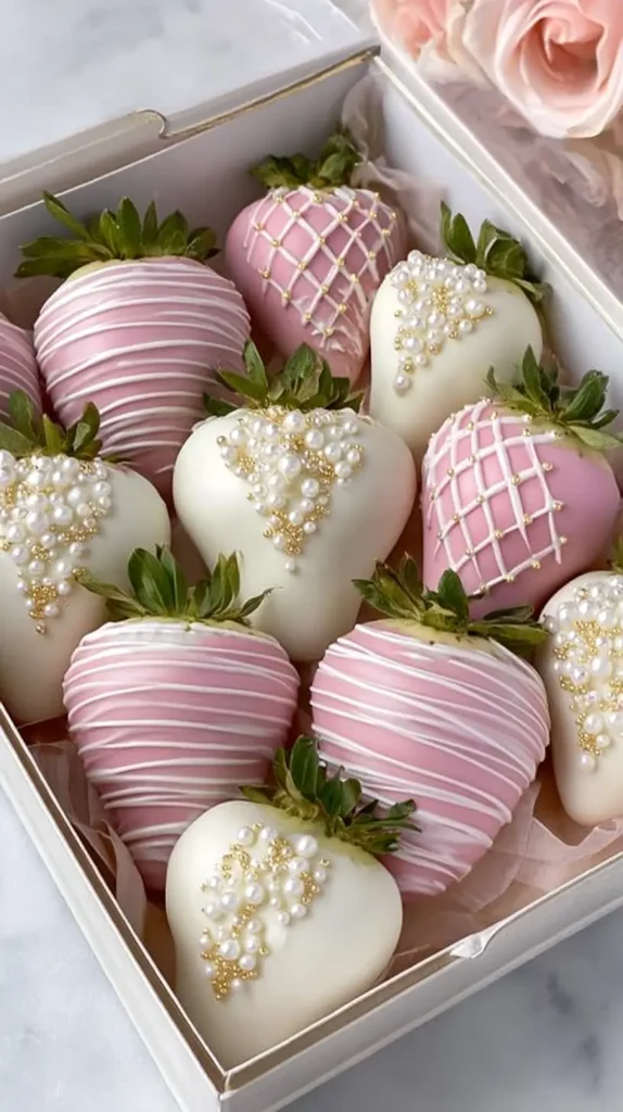 chocolate covered strawberries in light pink and white, pearls, lines