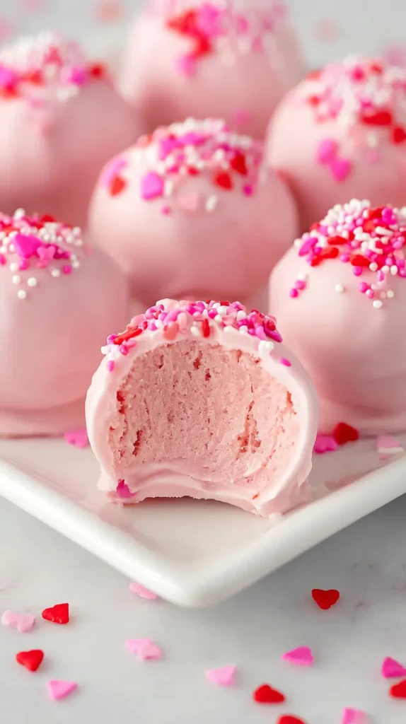 pink Oreo truffles, bite taken
