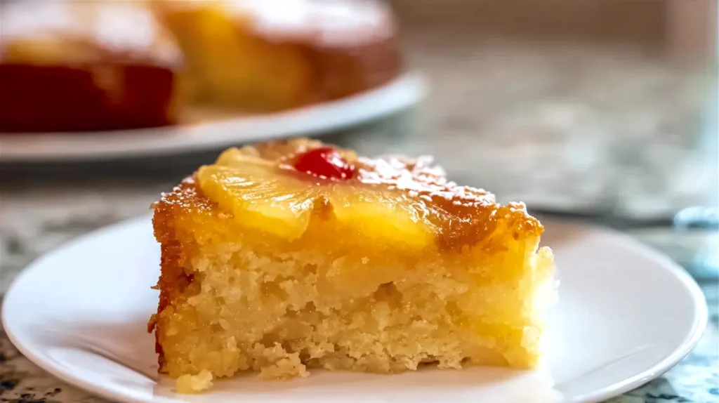slice of pineapple upside down cake on a white plate