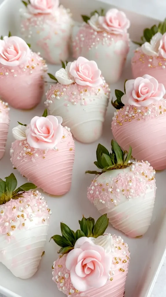 chocolate covered strawberries in light pink and white with roses made of fondant