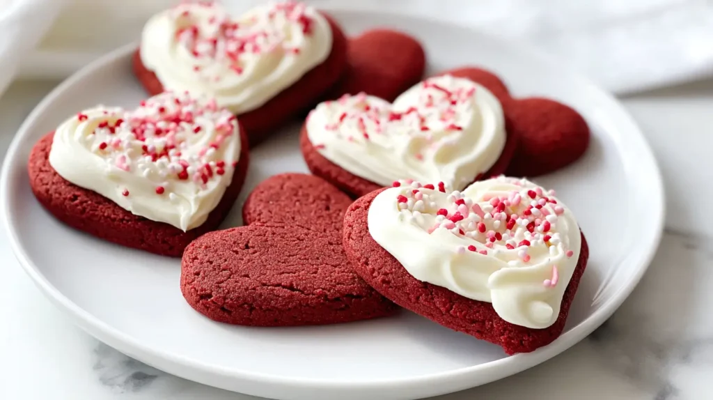 ice and plain red velvet heart-shaped cookies