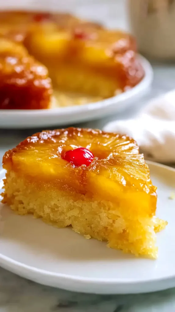 slice of pineapple upside down cake on a plate
