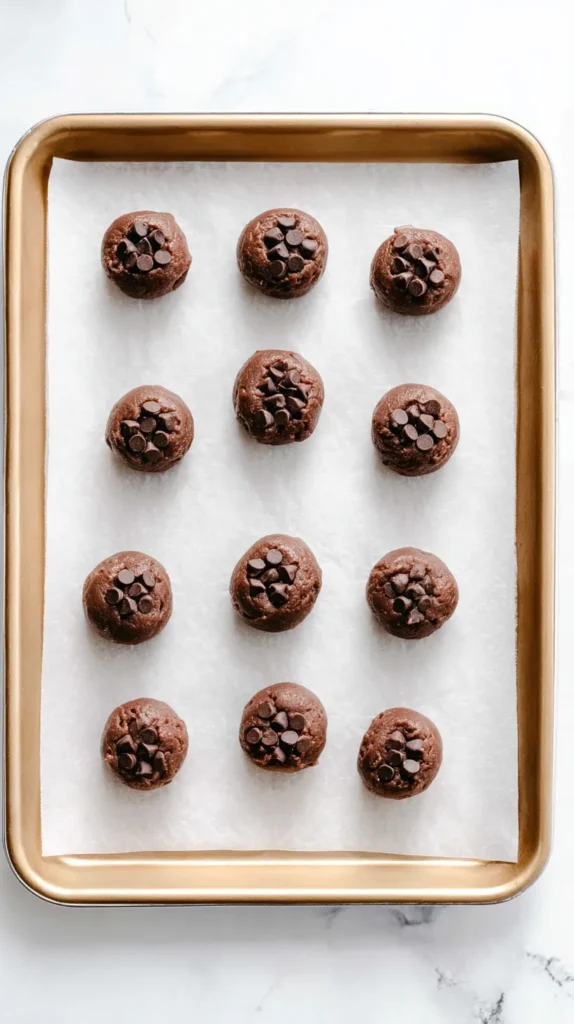 cookie dough scoops on baking sheet