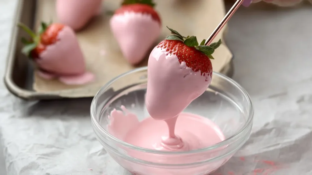 strawberry being dipped in light pink liquid chocolate