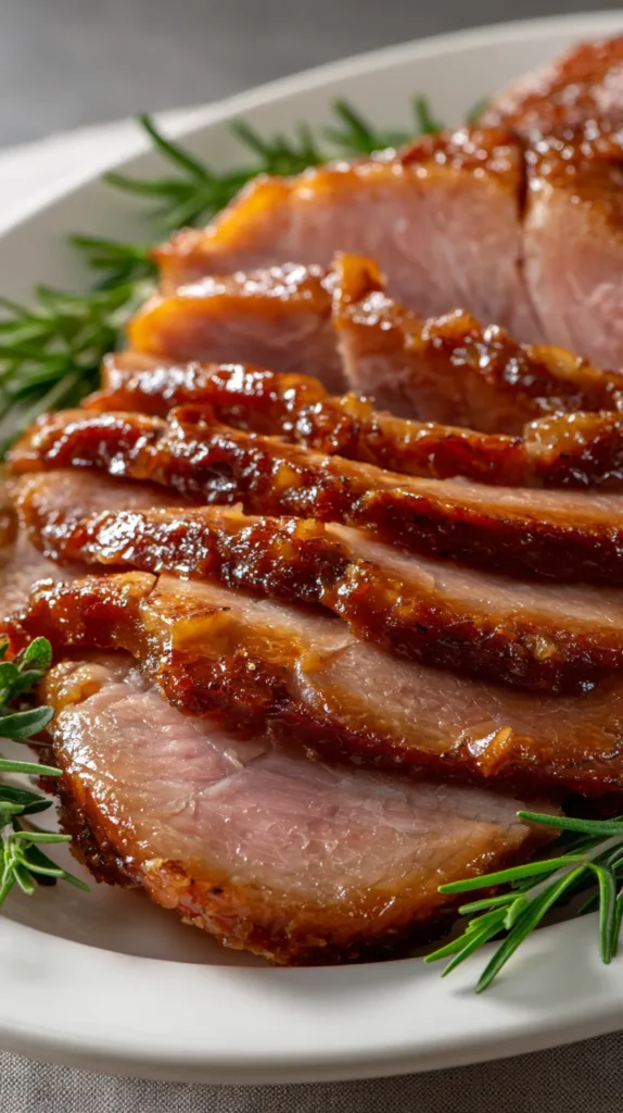 sliced ham on a plate with greens