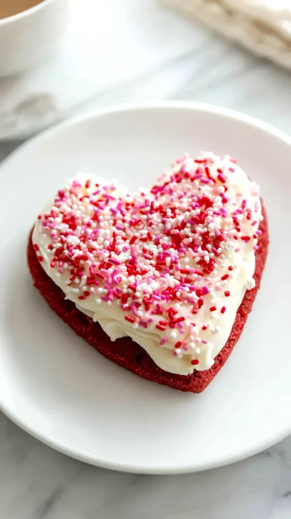 single iced red-velvet cookie on a white plate