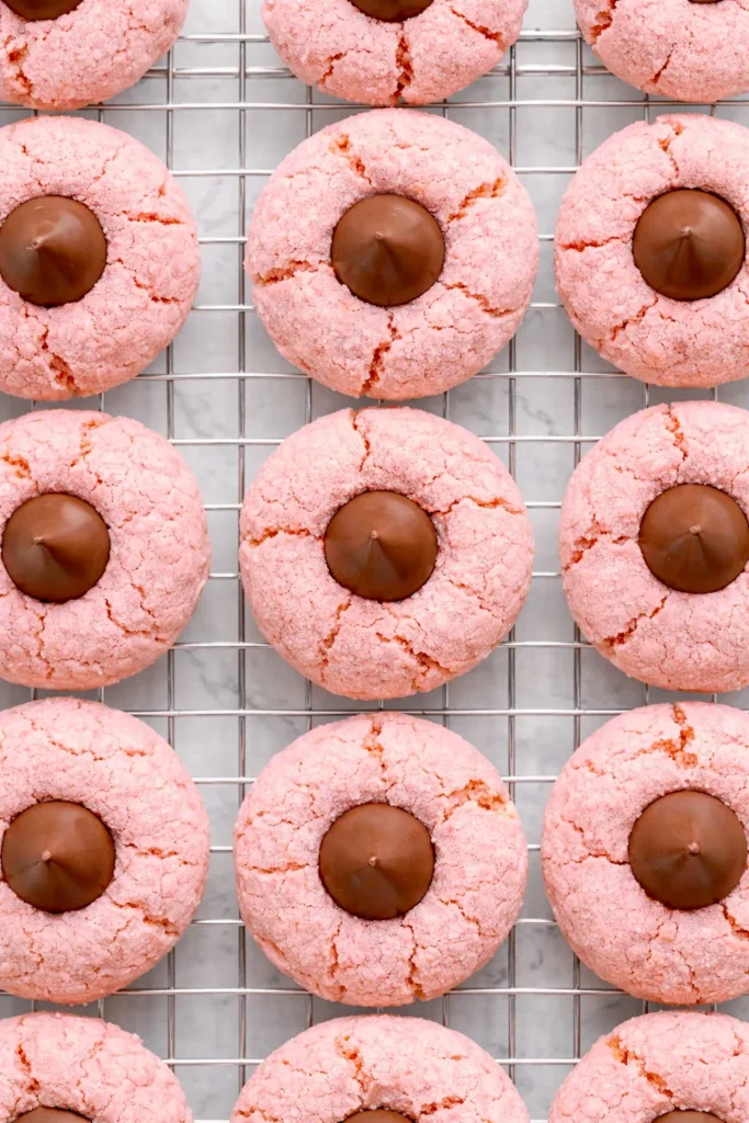 strawberry kiss cookies, overhead shot on cooling rack