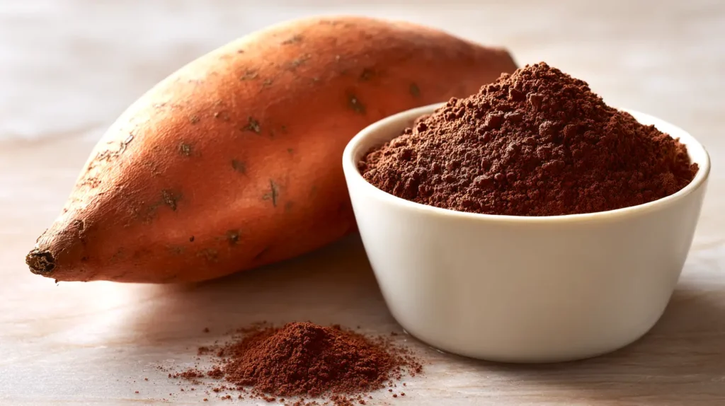 sweet potato and bowl of cocoa powder