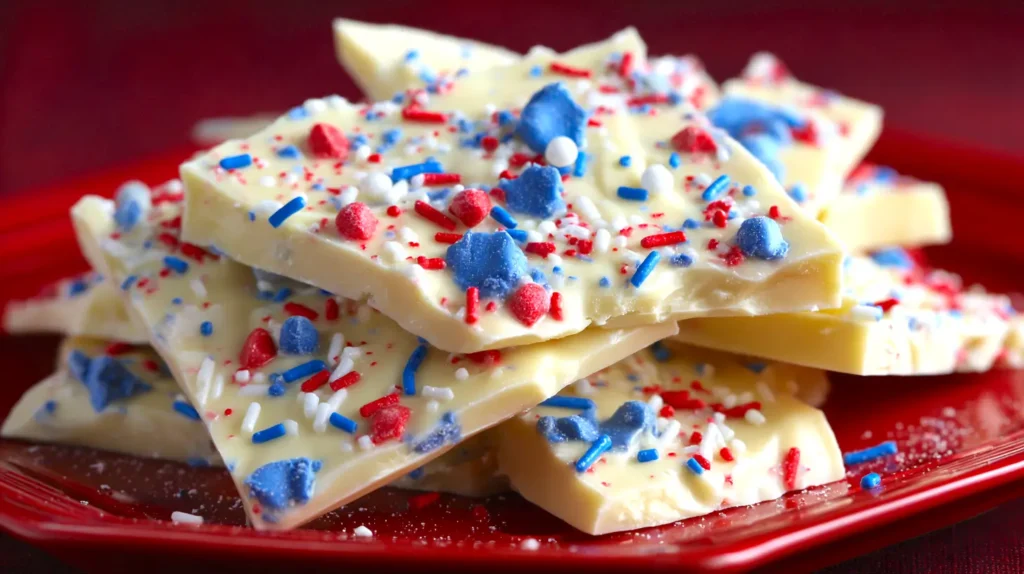 red, white, blue sprinkles, white chocolate bark