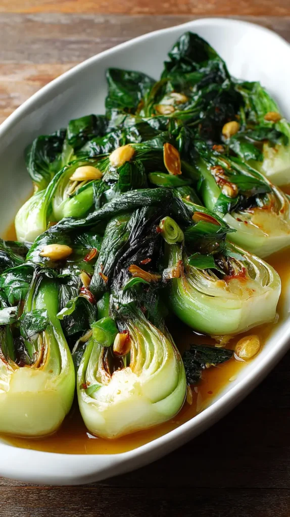 braised bok choy on a white serving tray