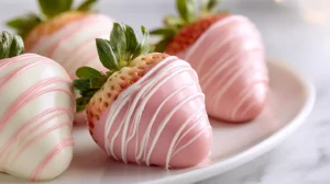 chocolate covered strawberries in light pink and white