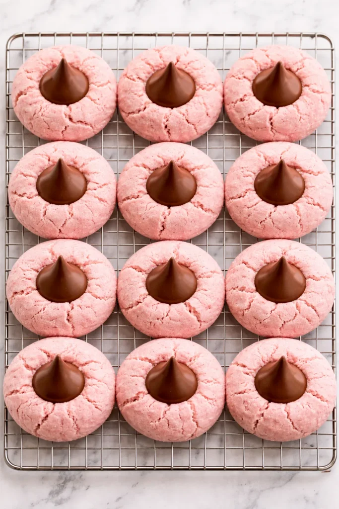 strawberry kiss cookies on cooling rack