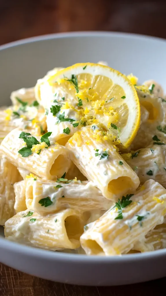 lemon ricotta pasta with a lemon slice as garnish