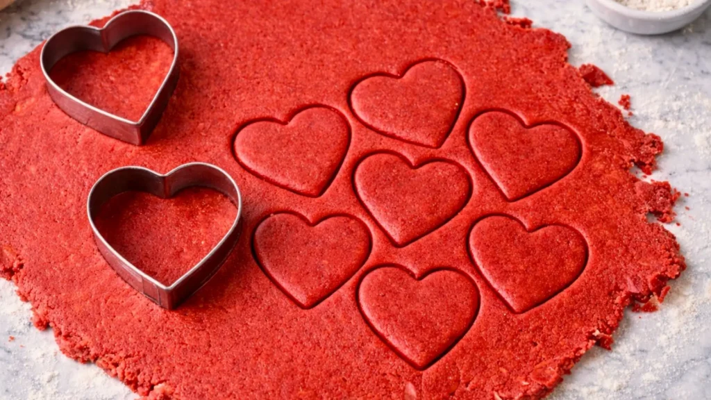 red cookie dough, stainless steel heart-shaped cookie cutters