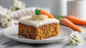 Close-up of a thick rectangular slice of carrot cake with smooth cream cheese frosting and a small piped buttercream carrot on top, sitting on a white plate on a white marble countertop with a softly blurred kitchen background.