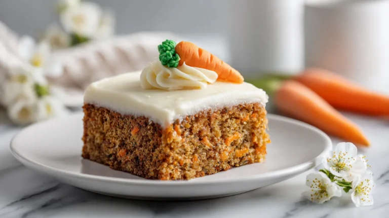 Close-up of a thick rectangular slice of carrot cake with smooth cream cheese frosting and a small piped buttercream carrot on top, sitting on a white plate on a white marble countertop with a softly blurred kitchen background.
