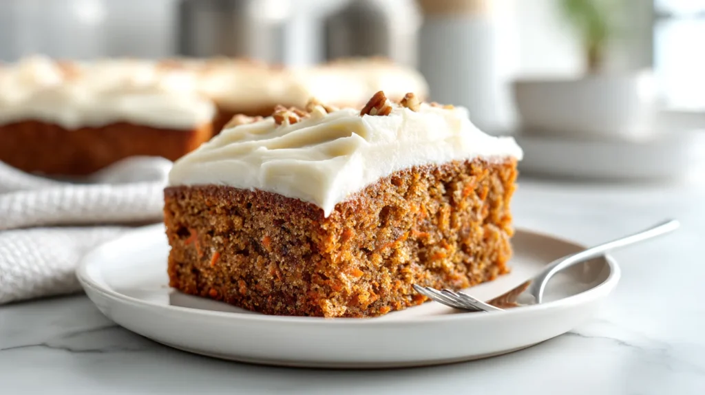 Overhead hero image of a moist rectangular slice of carrot cake on a white plate, topped with thick cream cheese frosting, with a fork lifting a bite above the slice on a white marble kitchen counter.