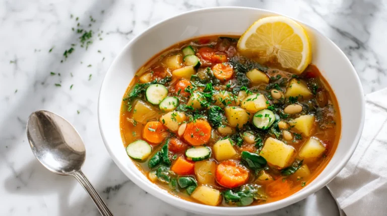 Overhead view of Mediterranean vegetable soup in a white bowl, showing diced potatoes with skin, carrot coins, zucchini slices, celery, spinach, and white beans in tomato broth
