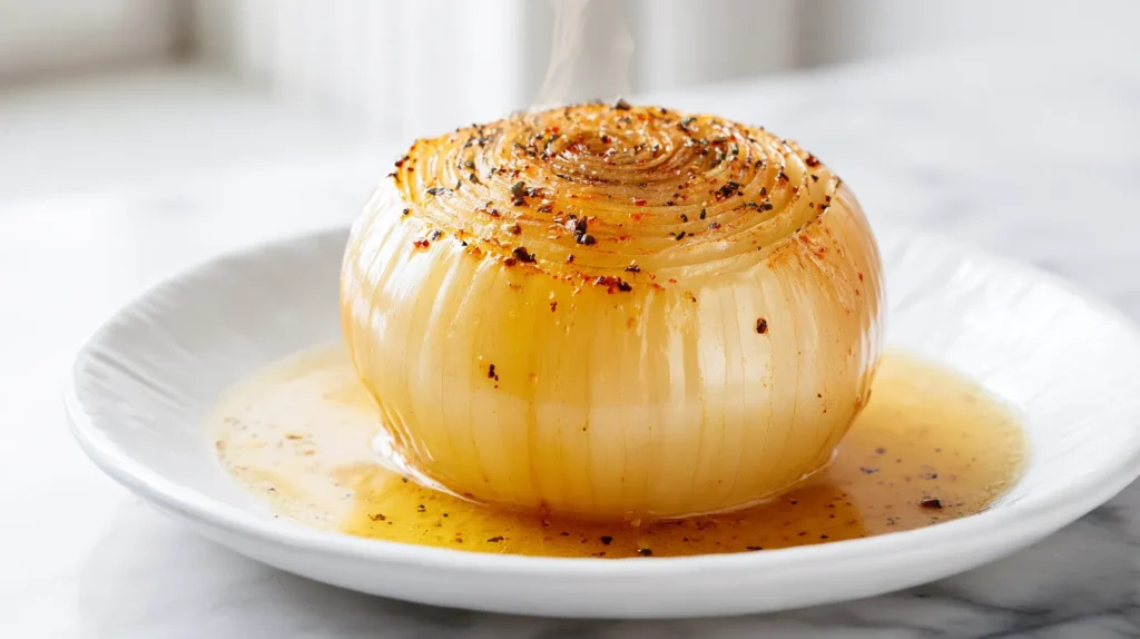 Overhead view of a whole yellow onion gently simmered in butter and water, served intact on a white ceramic plate with golden seasoned butter broth pooling around it, soft translucent layers visible, Old Bay seasoning suspended in the liquid, set on a white marble countertop in bright natural light.